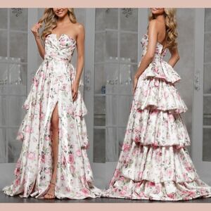 NWT $438 COLORS DRESS [ 4 ] Strapless V-Neck Floral Ruffle Gown Pink White J2277